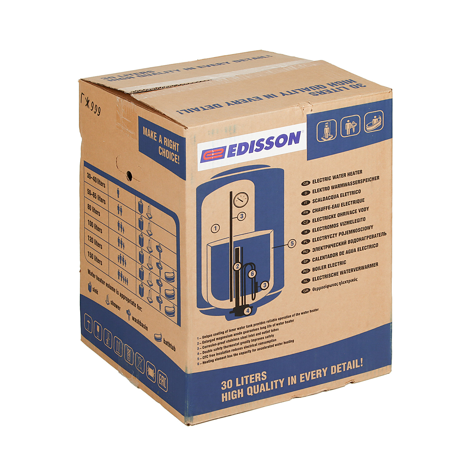 Водонагреватель накопительный 30 л Edisson Glasslined, 1.5 кВт, вертикальный Водонагреватель накопительный 30 л Edisson Glasslined, 1.5 кВт, вертикальный