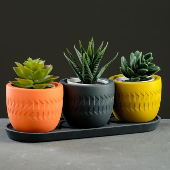 Кашпо гипсовое "Этно" НАБОР 3х0,18л  с поддоном Лосось, Оливка, Антрацитк ("VipSet") *2