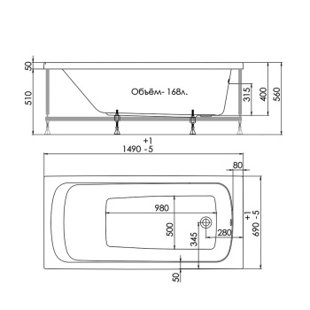 Ванна акриловая 150x70 см Triton Gamma, универсальная, без ножек Ванна акриловая 150x70 см Triton Gamma, универсальная, без ножек