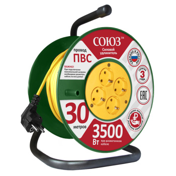 Удлинитель 4 розетки 30м с/з КАТУШКА ПВС 3*1мм2 16А мощ.нагр 3500Вт Союз 481S-3503 *1 Удлинитель 4 розетки 30м с/з КАТУШКА ПВС 3*1мм2 16А мощ.нагр 3500Вт Союз 481S-3503 *1