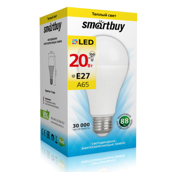 Лампа светодиодная Smartbuy, Е27, груша A65, 20 Вт, 1700 Лм, 3000 К, теплый белый