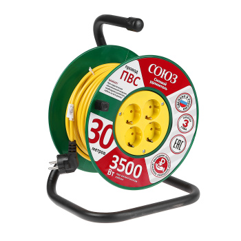 Удлинитель 4 розетки 30м с/з КАТУШКА ПВС 3*1мм2 16А мощ.нагр 3500Вт Союз 481S-3503 *1 Удлинитель 4 розетки 30м с/з КАТУШКА ПВС 3*1мм2 16А мощ.нагр 3500Вт Союз 481S-3503 *1