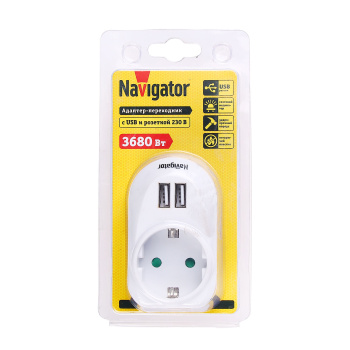 Адаптер д/розетки три выхода:розетка и два USB-разъема Navigator NAD-USB01-1E-C-WH 61454*1/10
