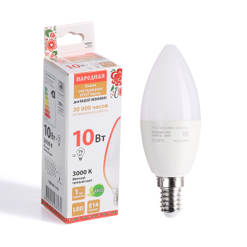 Лампа светодиодная TDM Народная, E14, свеча FC37, 10 Вт, 800 Лм, теплый белый свет