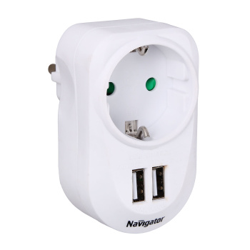 Адаптер д/розетки три выхода:розетка и два USB-разъема Navigator NAD-USB01-1E-C-WH 61454*1/10